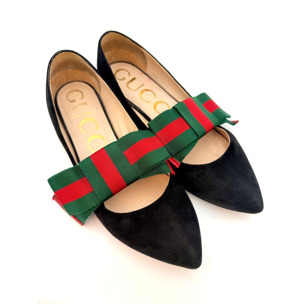 Gucci Web Stripe Sylvie Bow Ballet Flats Black Suede Size 37.5 / 7.5 Red Green - Picture 6 of 14